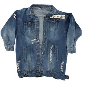 May Design M/L Trouble Maker Distressed Denim Jacket Blue Graphic Streetwear‎